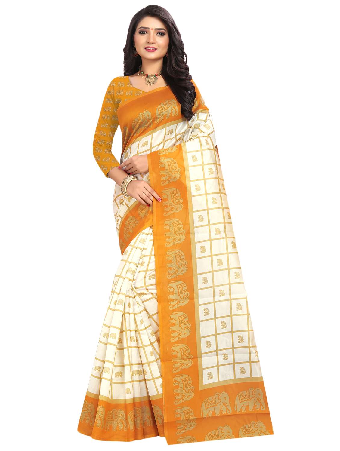 women's checks yellow colored saree with blouse - 17087871 - Zoom Image - 0