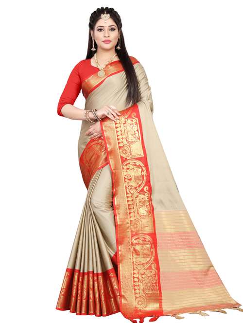 women's self design beige colored saree with blouse - 17087938 -  Standard Image - 0