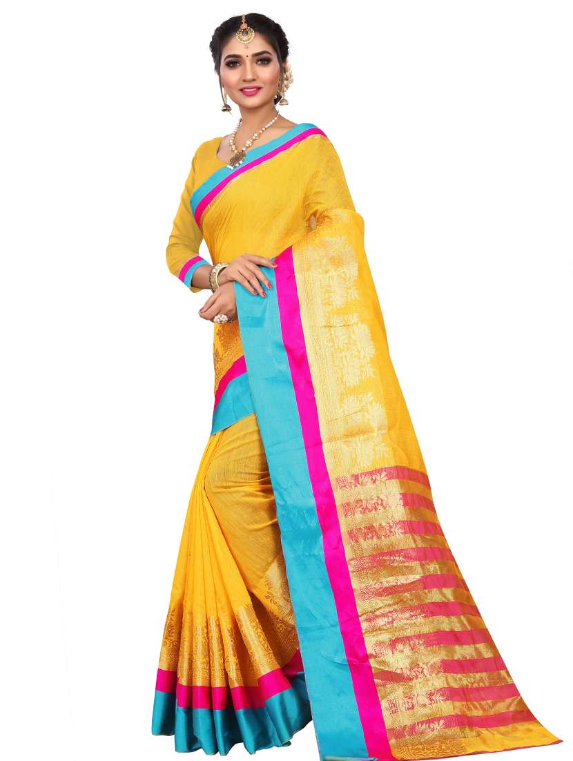 women's bordered mustard colored saree with blouse - 17087950 - Zoom Image - 0