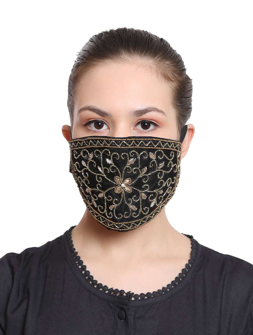 black 3 layer filteration  outer layermade from art silk fabric. inner made poly cotton which is extra soft and dries fast. middle 3rd of micro fabric for an stage filtration. decorative women mask