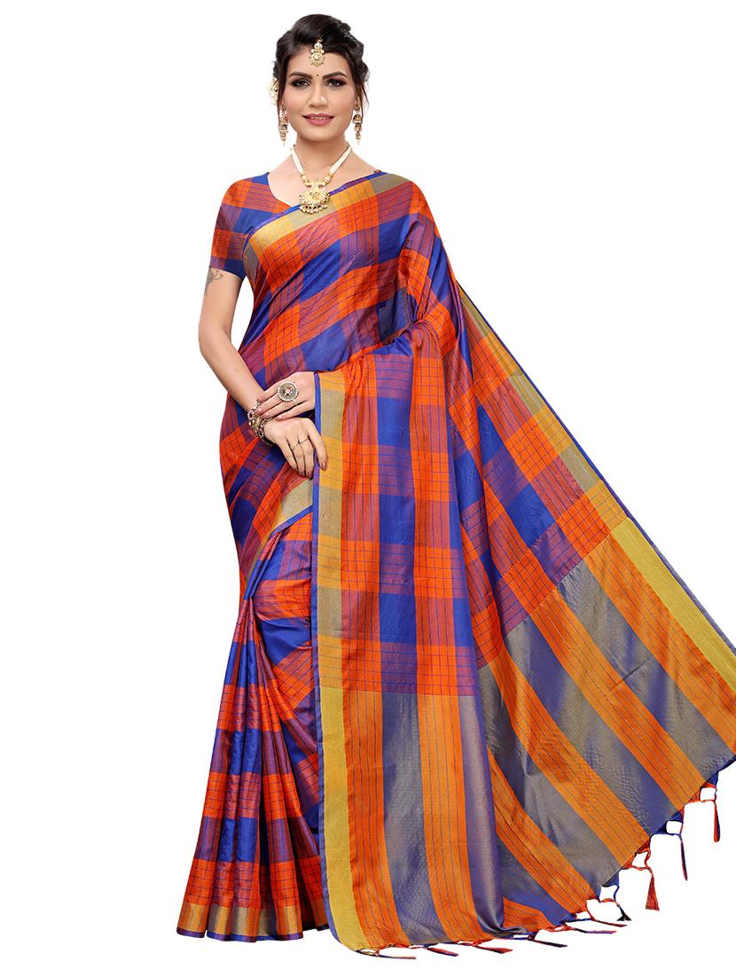 checkered printed saree with blouse - 17088955 - Zoom Image - 0