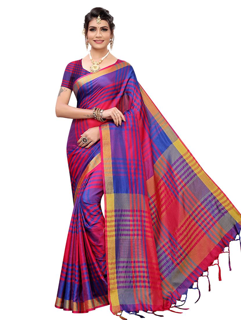 checkered printed saree with blouse - 17088958 -  Zoom Image - 0