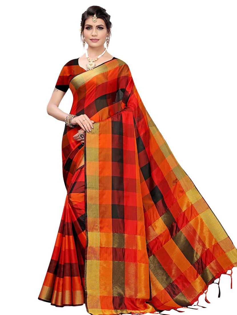 checkered printed saree with blouse - 17088962 - Zoom Image - 0