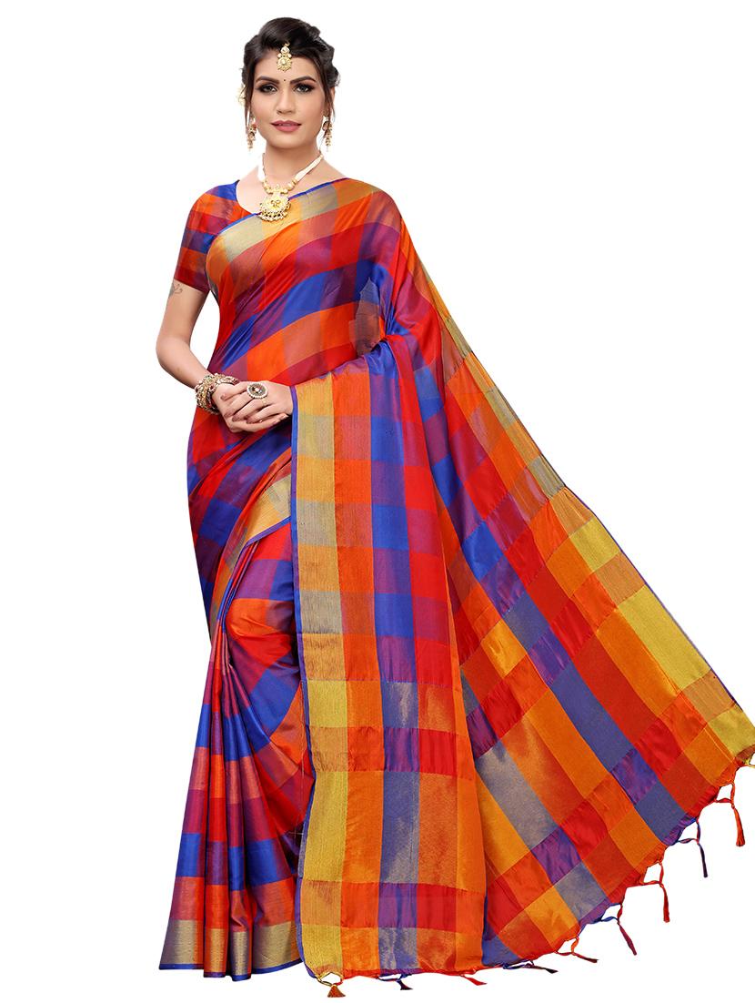checkered printed saree with blouse - 17088964 - Zoom Image - 0