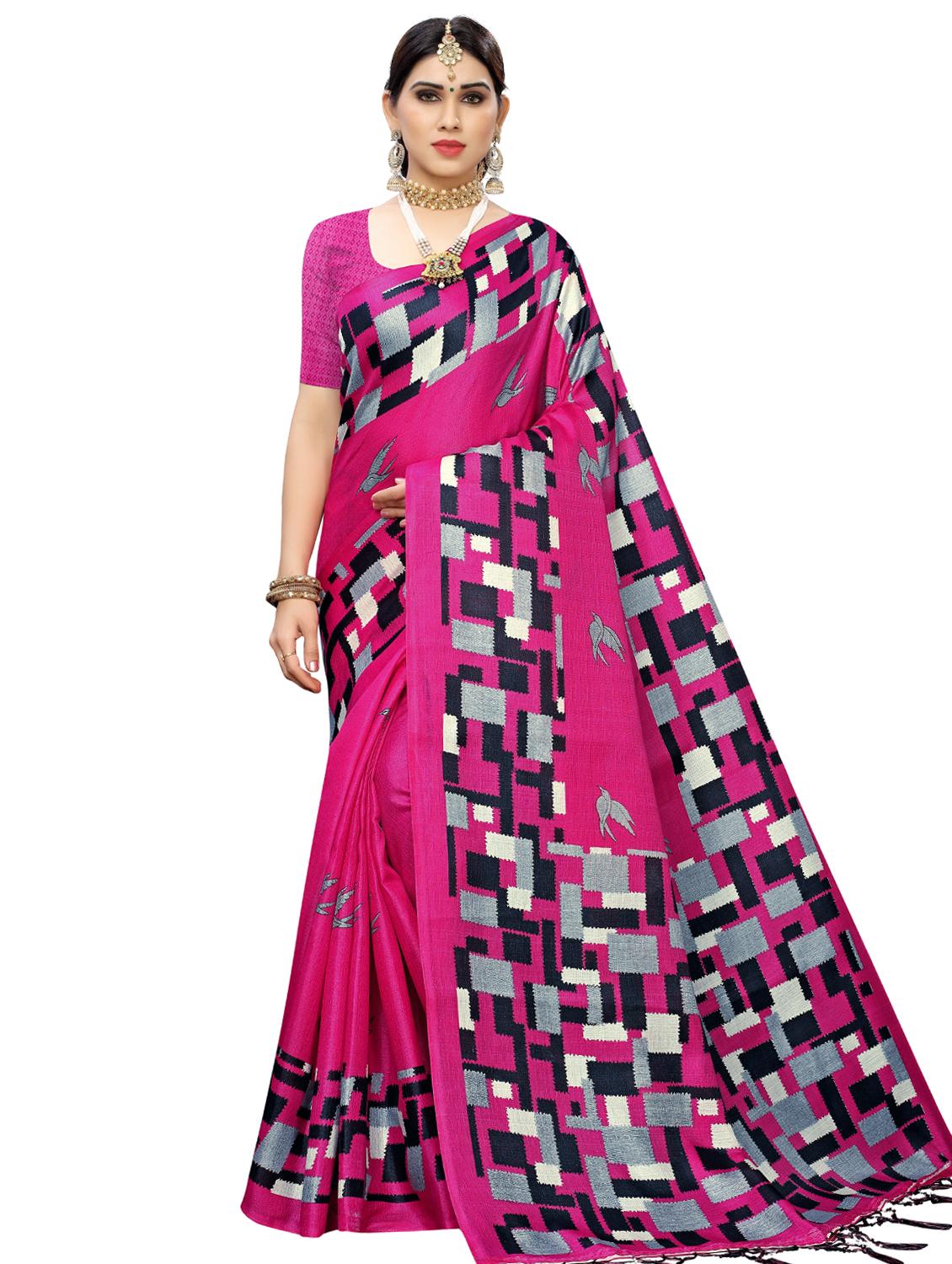 checkered printed saree with blouse - 17089009 - Zoom Image - 0