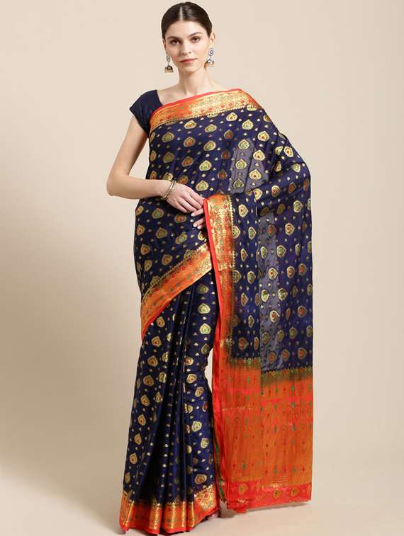 women's self design navy blue colored saree
