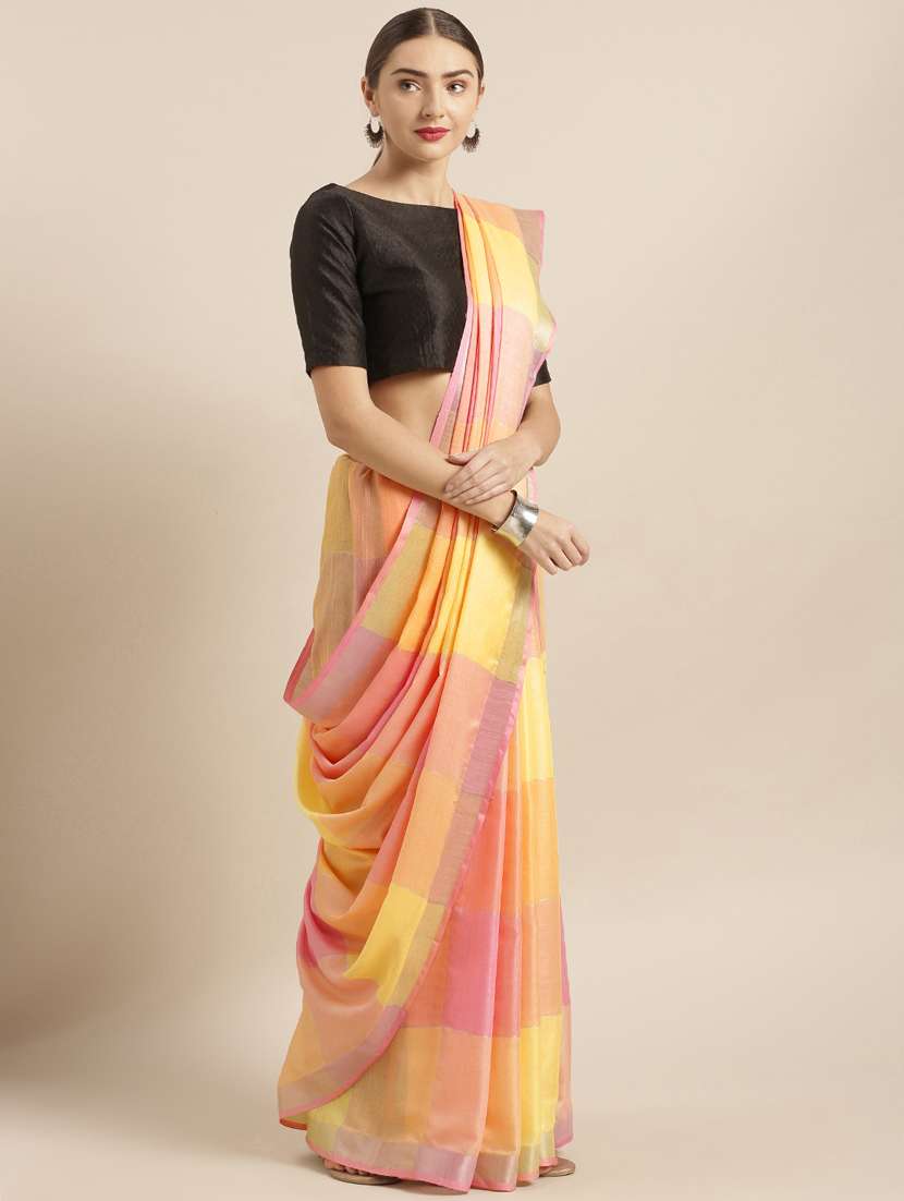 multi colored linen saree with blouse - 17089875 -  Zoom Image - 0