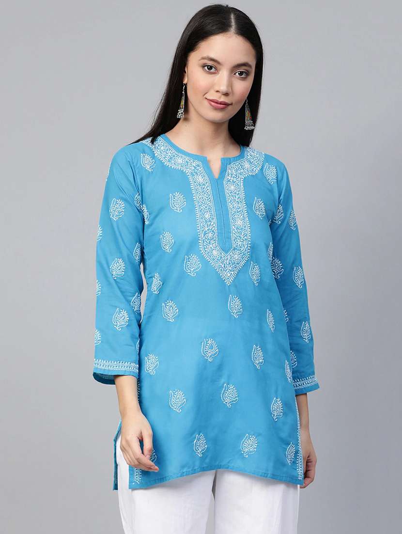 hand-embroidered blue chikankari kurti - 17092958 - Zoom Image - 0