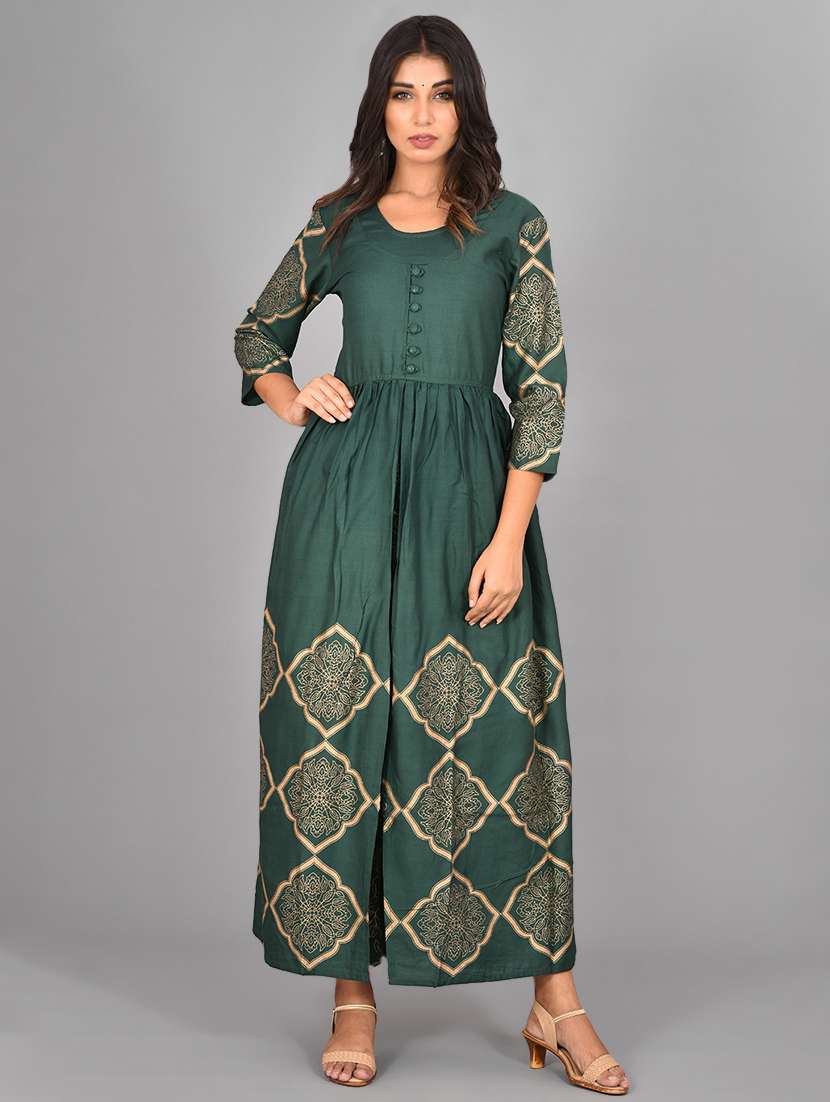 gold print high slit kurta