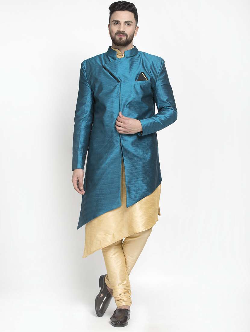 green jacquard silk blend sherwani set - 17095239 - Zoom Image - 0