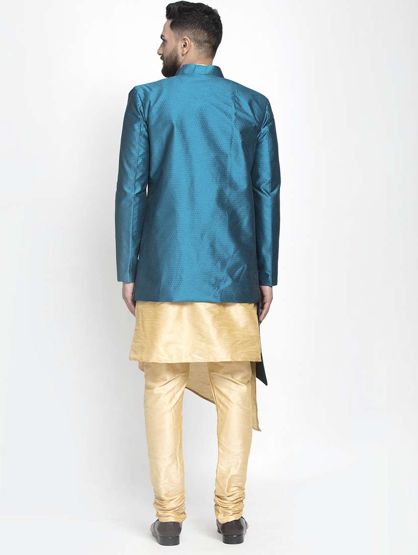 green jacquard silk blend sherwani set - 17095239 - Standard Image - 3