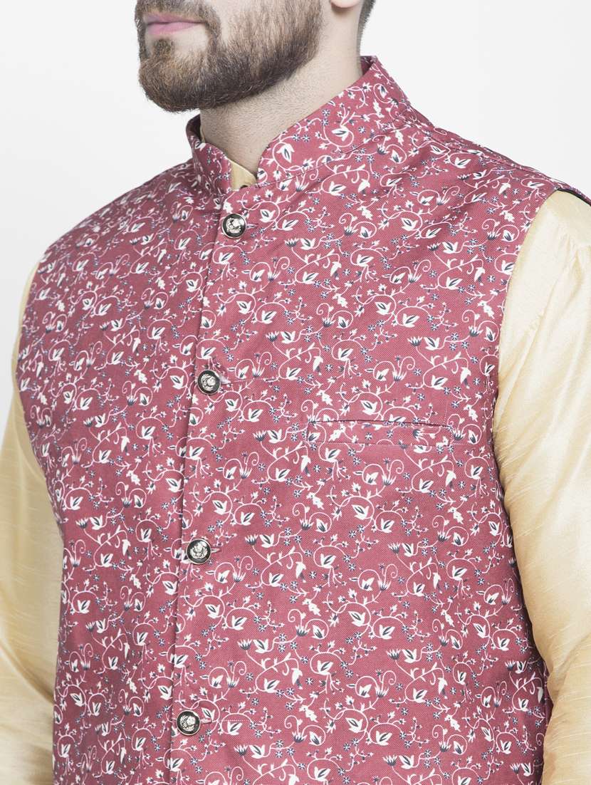 beige silk blend kurta pyjama set with maroon printed nehru jacket - 17095298 -  Standard Image - 3