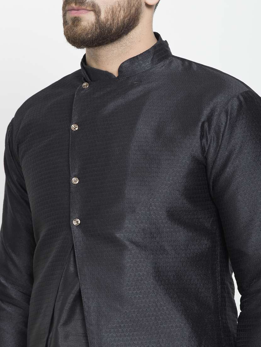 black jacquard silk blend sherwani set - 17095353 -  Standard Image - 3