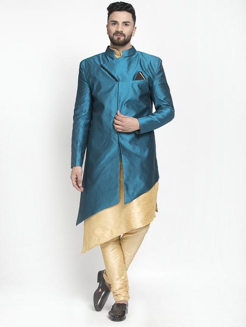 blue jacquard silk blend sherwani set - 17095549 -  Standard Image - 0