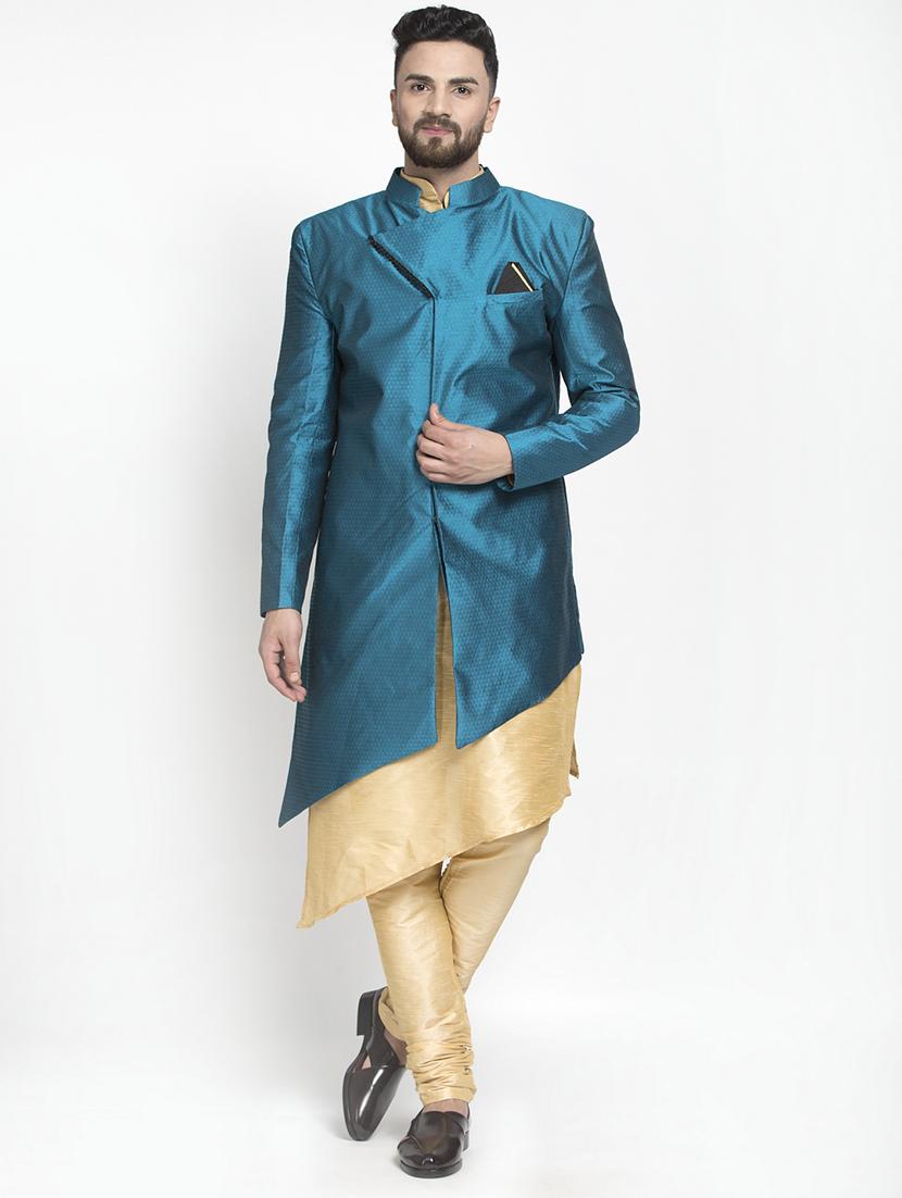 blue jacquard silk blend sherwani set - 17095549 -  Zoom Image - 0