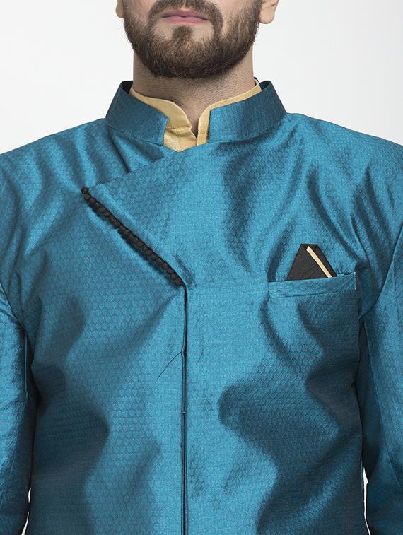 blue jacquard silk blend sherwani set - 17095549 - Standard Image - 3