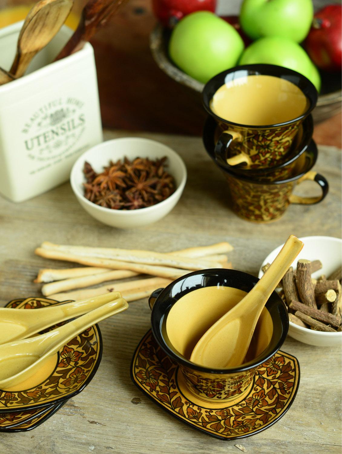 Heritage Tropical Soup Mugs With Saucer And Spoons- Set Of 18 - Cultural Concepts