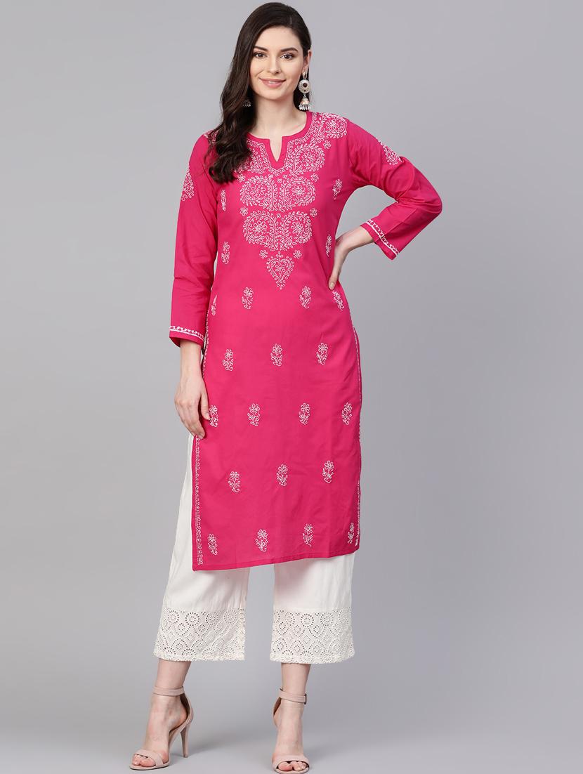 pink knee length cotton chikankari ladies kurta