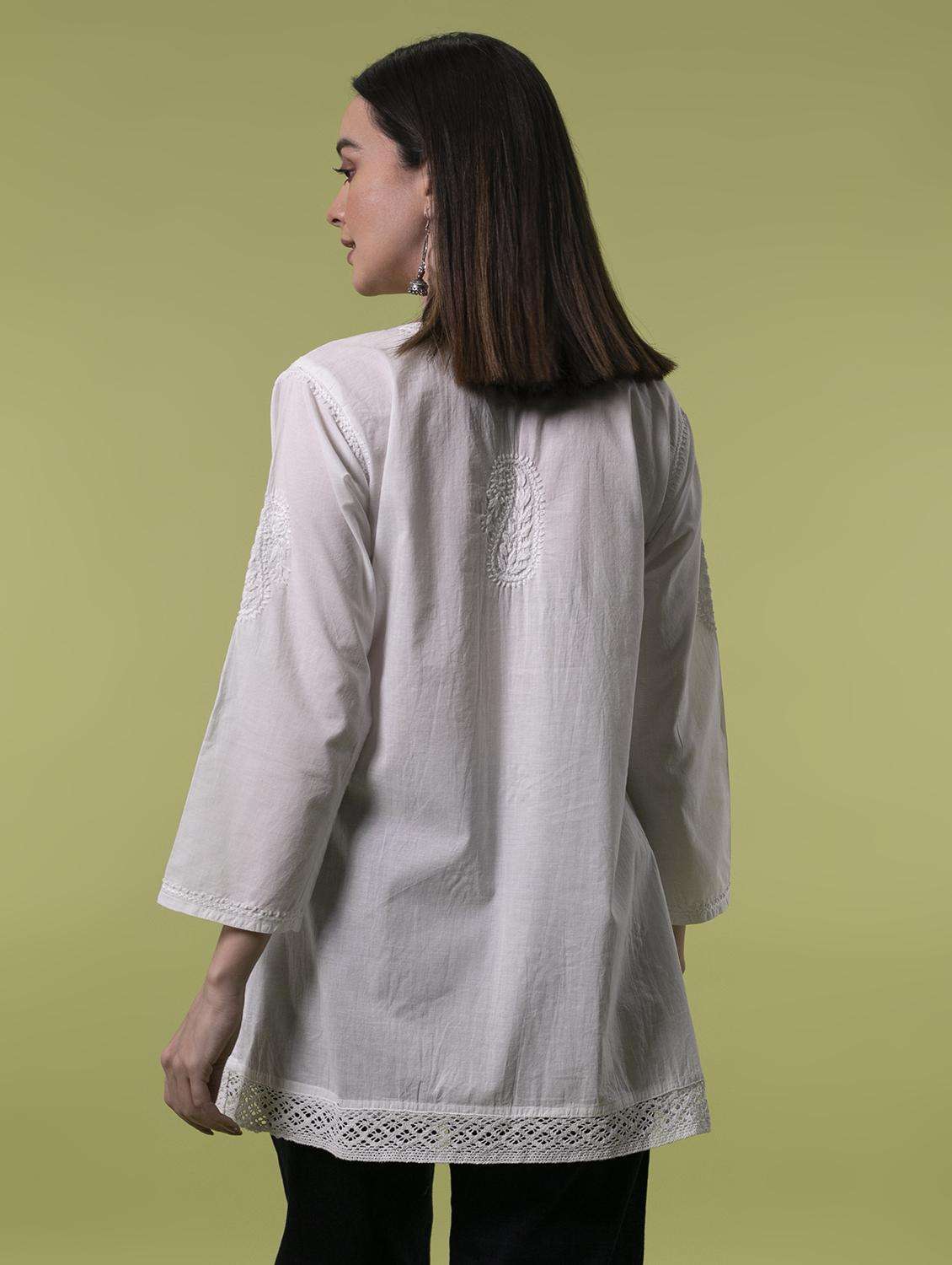  hand-embroidered white chikankari a-line kurti - 17098984 -  Standard Image - 3