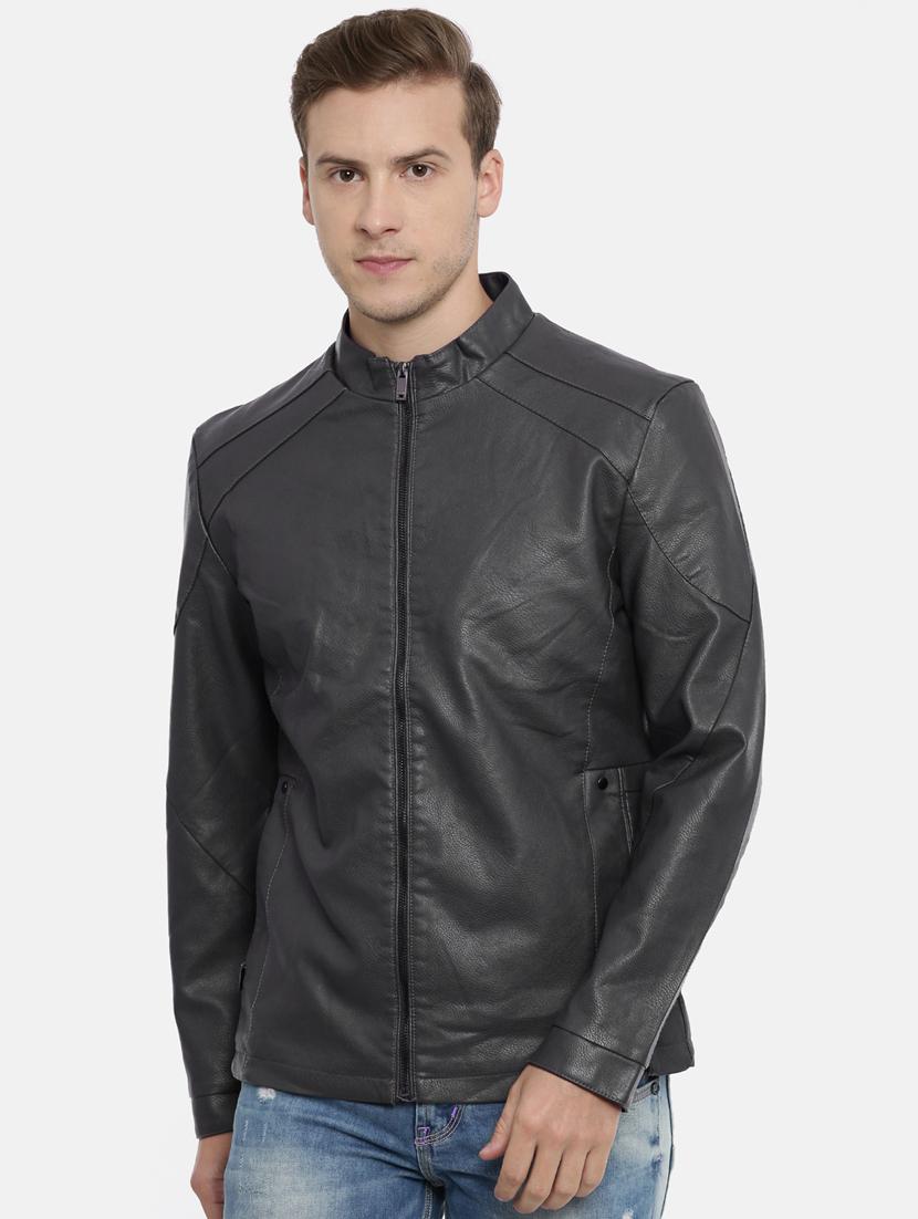 grey solid pu biker jacket - 17099008 -  Zoom Image - 0