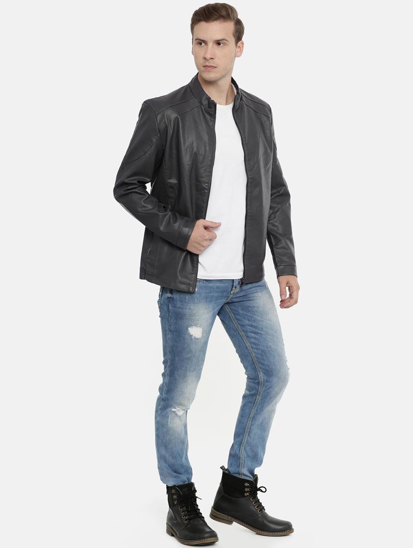 grey solid pu biker jacket - 17099008 - Standard Image - 3