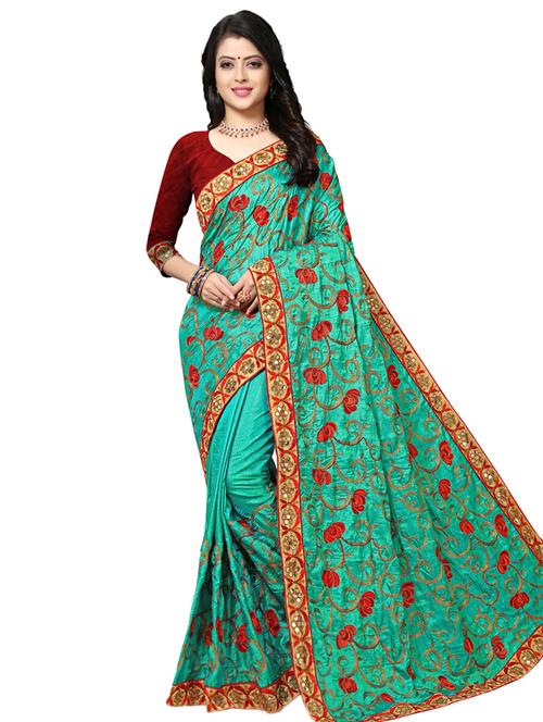 turquoise silk blend embroidered saree with blouse - 17100496 - Standard Image - 0