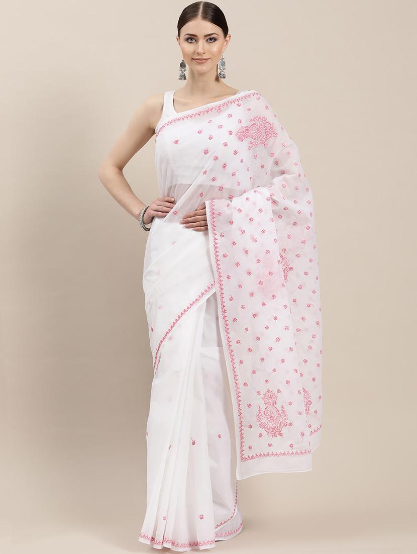 solid chikankari saree with blouse - 17105861 - Zoom Image - 0