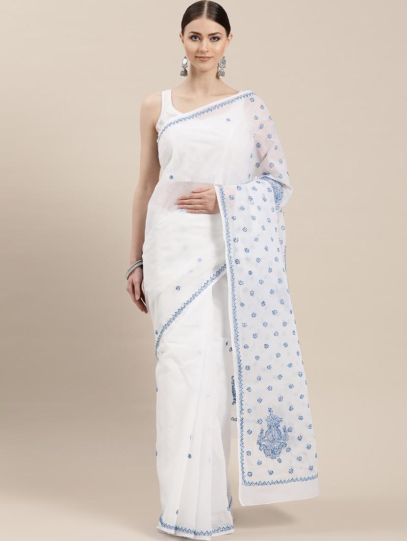 solid chikankari saree with blouse - 17105863 - Zoom Image - 0