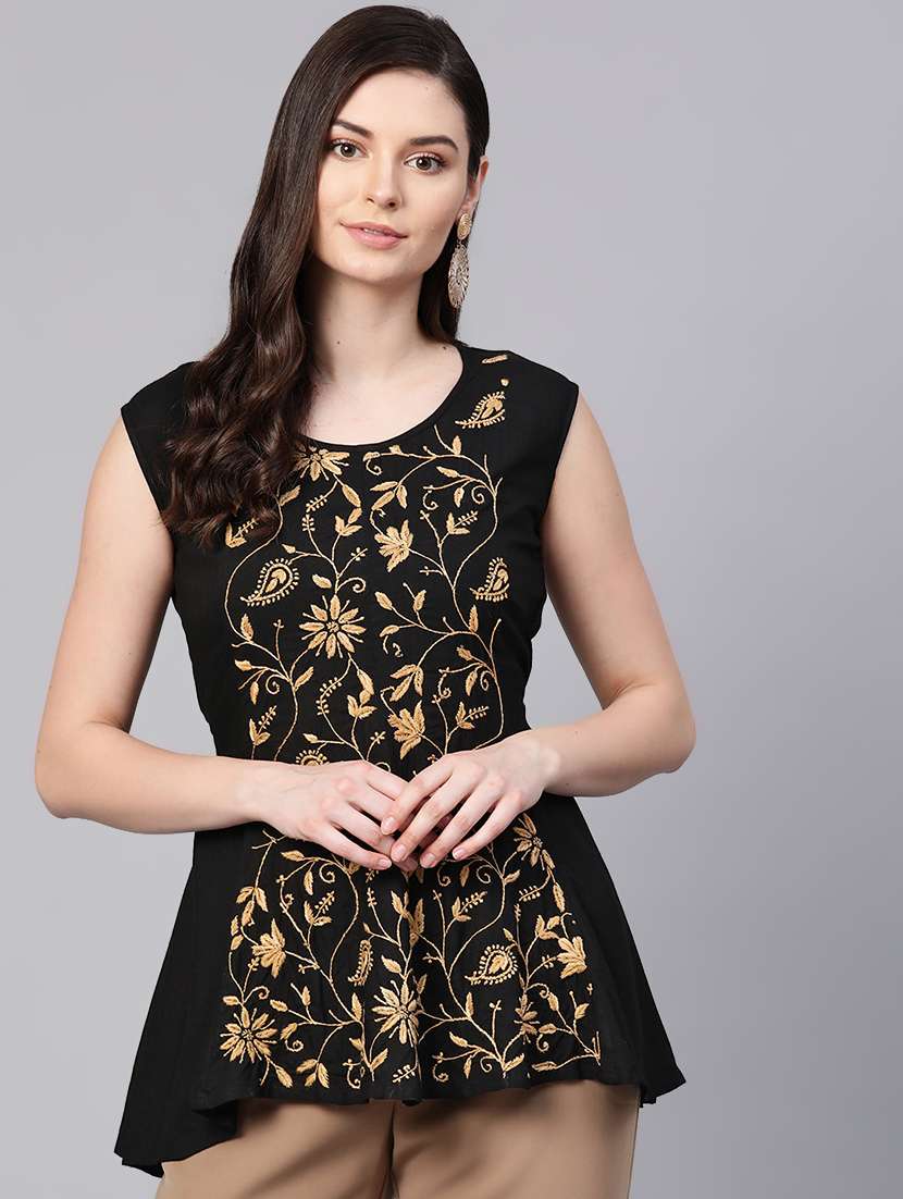 ada hand-embroidered black chikankari a-line top