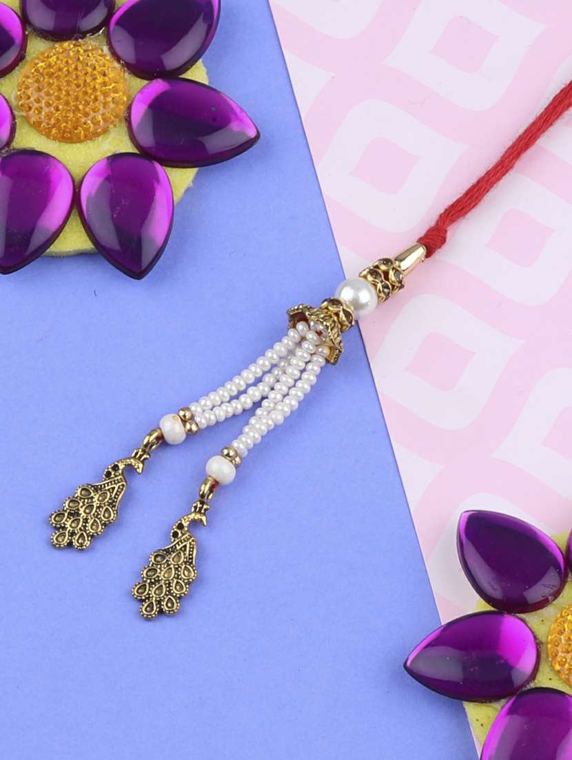   designer classic  look pearl bead hanging bhabhi rakhi