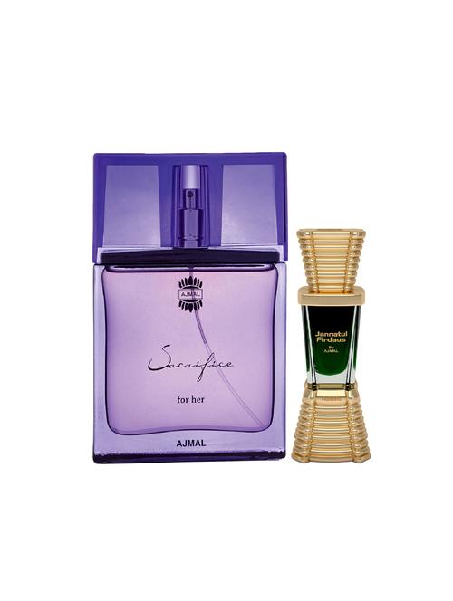 ajmal sacrifice for her edp 50ml for women and jannatul firdaus cp alcohol-free attar 10ml for unisex + 2 parfum testers free - 17120844 -  Standard Image - 0
