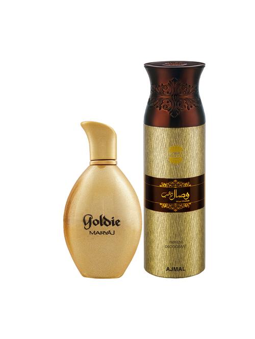 maryaj goldie edp perfume 100ml for women and ajmal wisal dhahab deodorant 200ml for men + 2 parfum testers free - 17122352 - Standard Image - 0