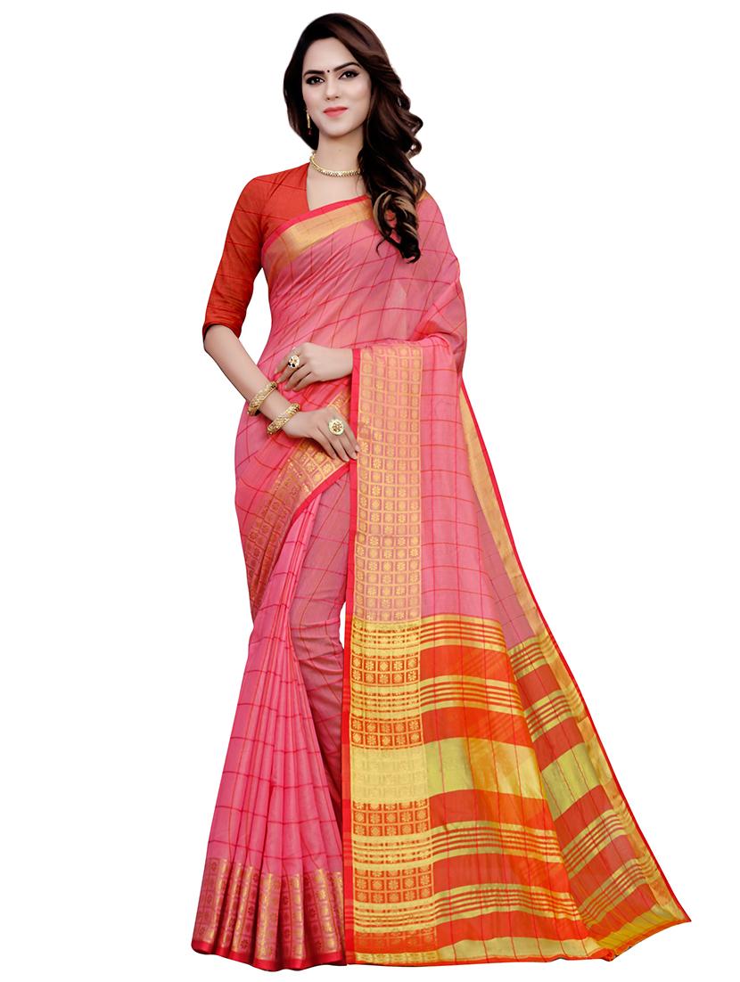 checkered woven saree with blouse - 17123662 - Zoom Image - 0