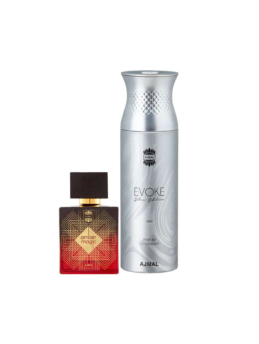 ajmal amber magic edp 100ml for men and evoke silver edition him deodorant 200ml for men+ 2 parfum testers free