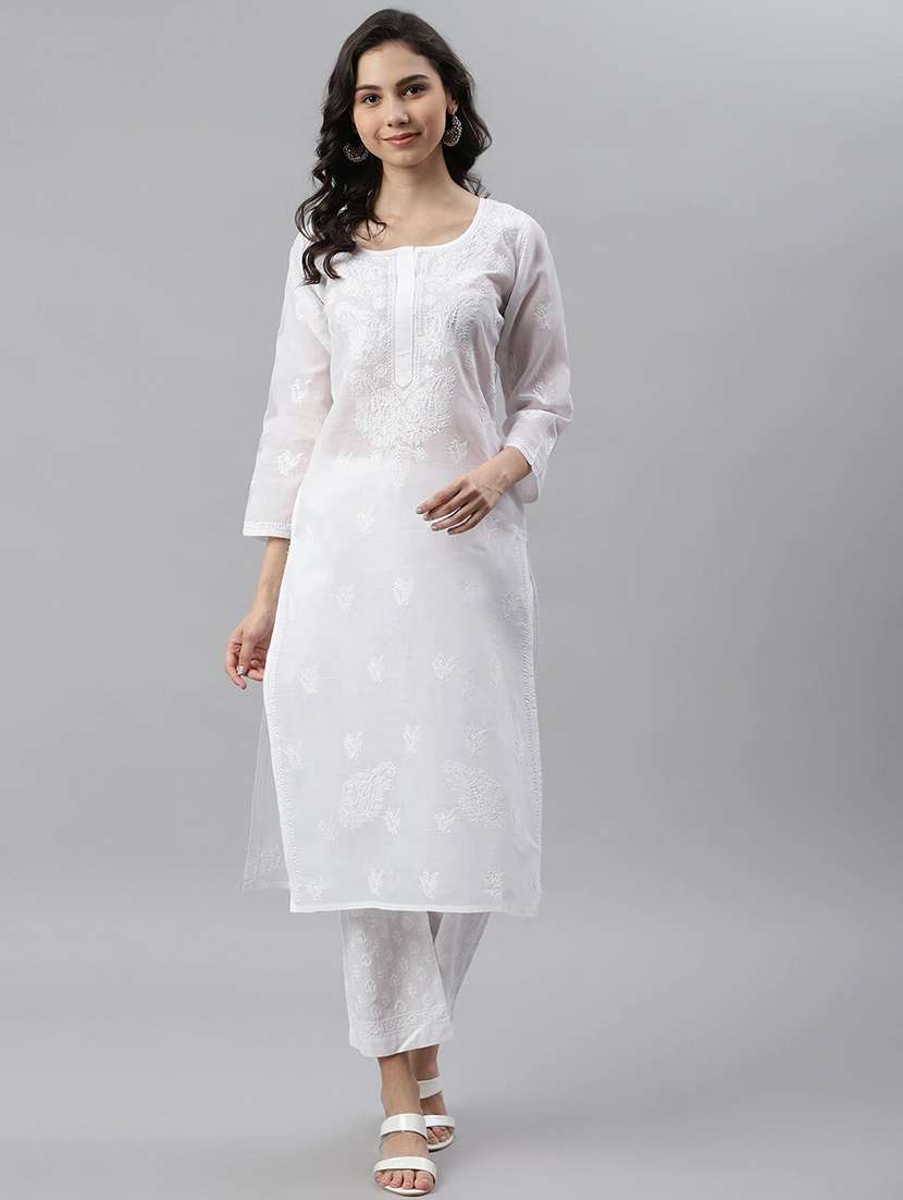 women's chikankari cotton white kurta - 17140421 -  Zoom Image - 0