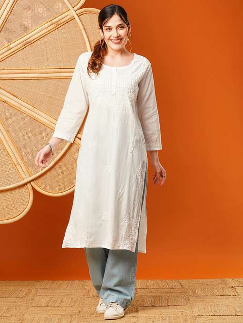 white knee length cotton chikan handworked straight kurta - 17142771 -  Standard Image - 0