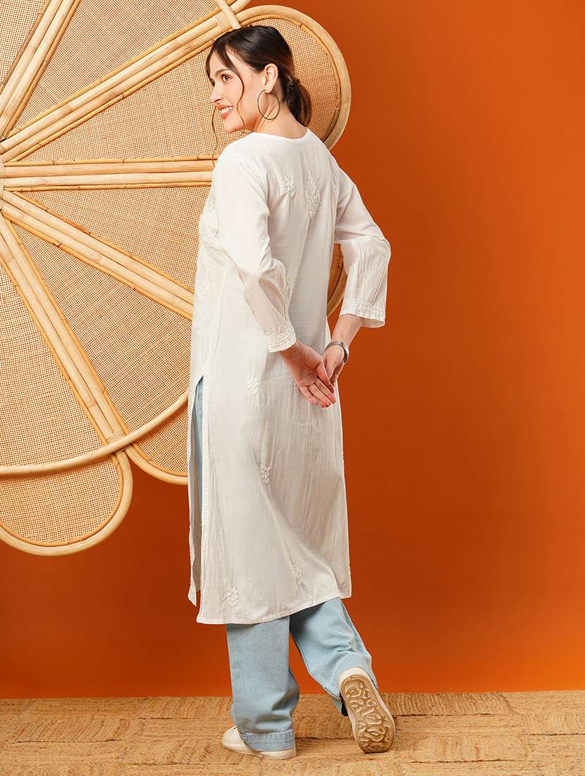 white knee length cotton chikan handworked straight kurta - 17142771 -  Standard Image - 3