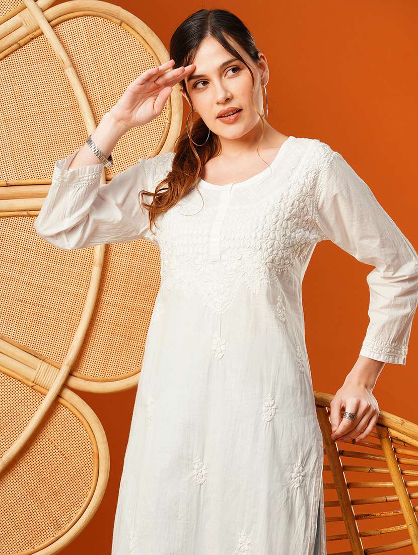 white knee length cotton chikan handworked straight kurta - 17142771 -  Standard Image - 5