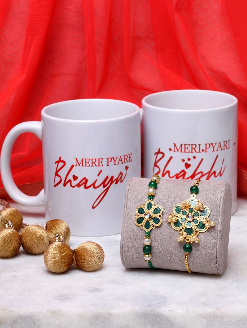  gold-plated beaded floral rakhi & lumba bracelet with bhaiya & bhabhi mugs