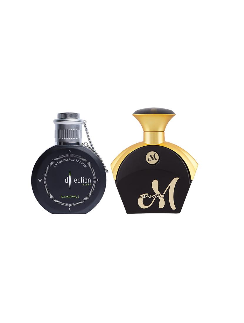 maryaj direction east edp spicy perfume 100ml for men and maryaj m for her edp perfume 90ml for women + 2 parfum testers free - 17150873 - Zoom Image - 0