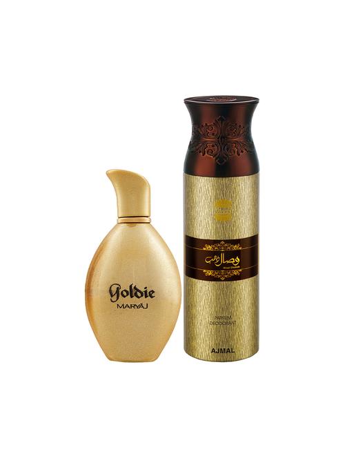 maryaj goldie edp perfume 100ml for women and ajmal wisal dhahab deodorant 200ml for men + 2 parfum testers free - 17151014 -  Standard Image - 0