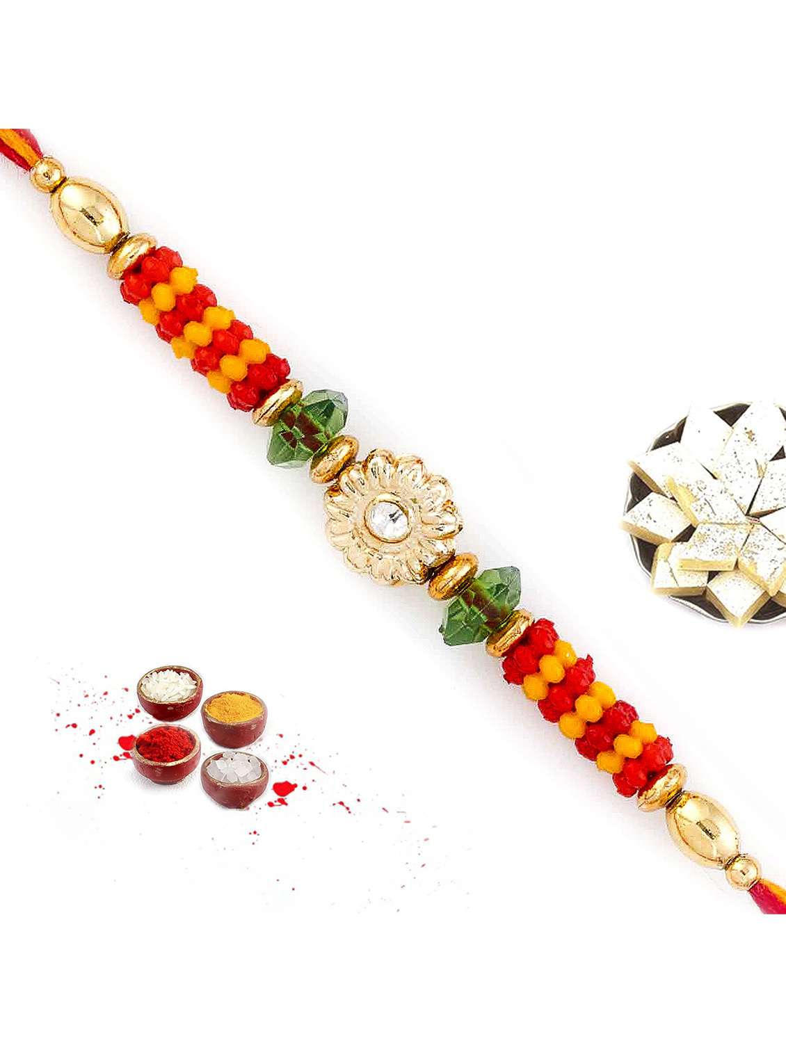 floral motif & beads studded mauli thread rakhi