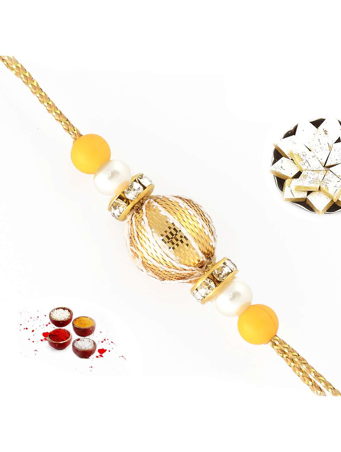 golden ball and pearl bead rakhi