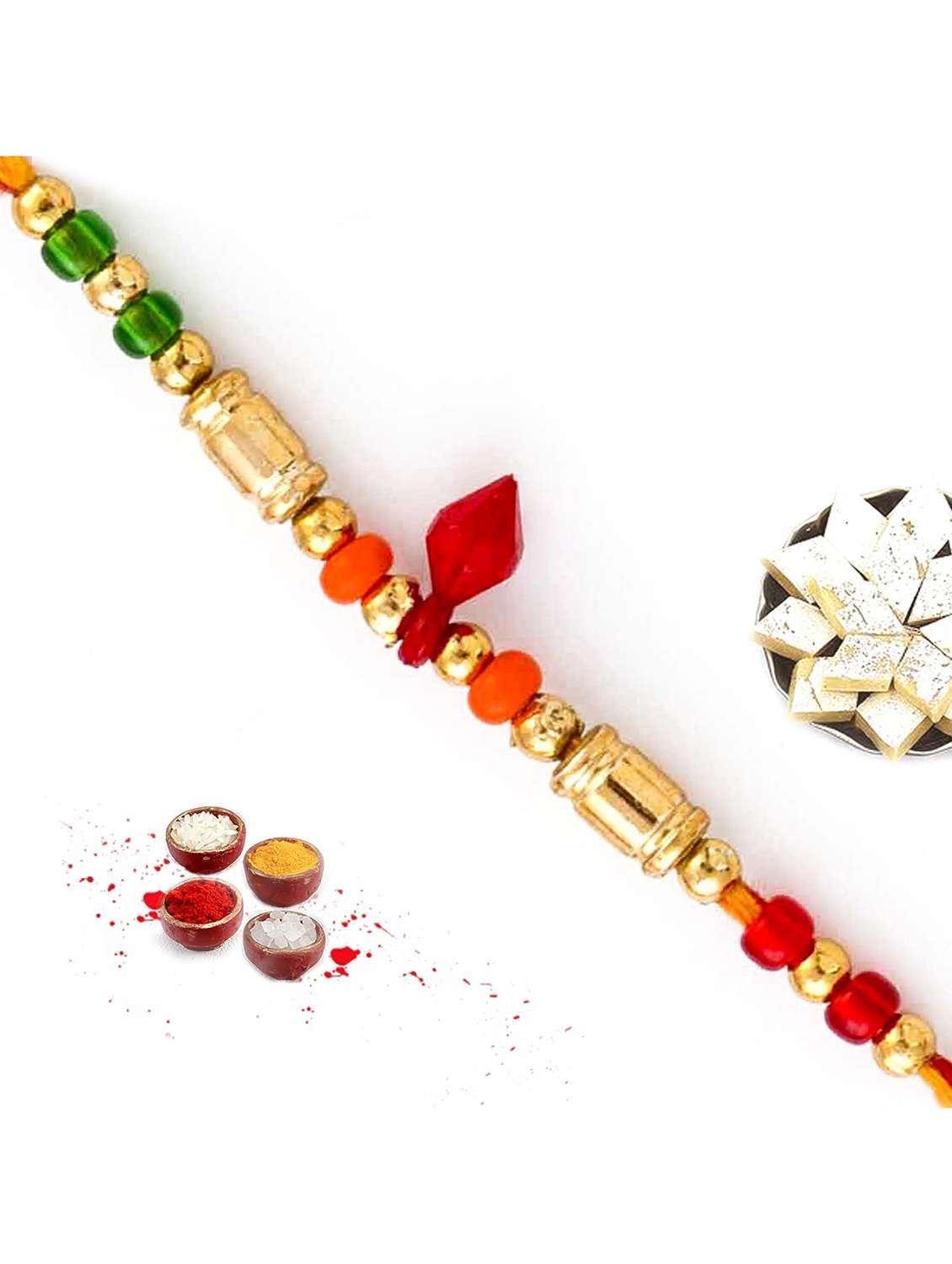 multicolor beads & cylindrical motif thread rakhi
