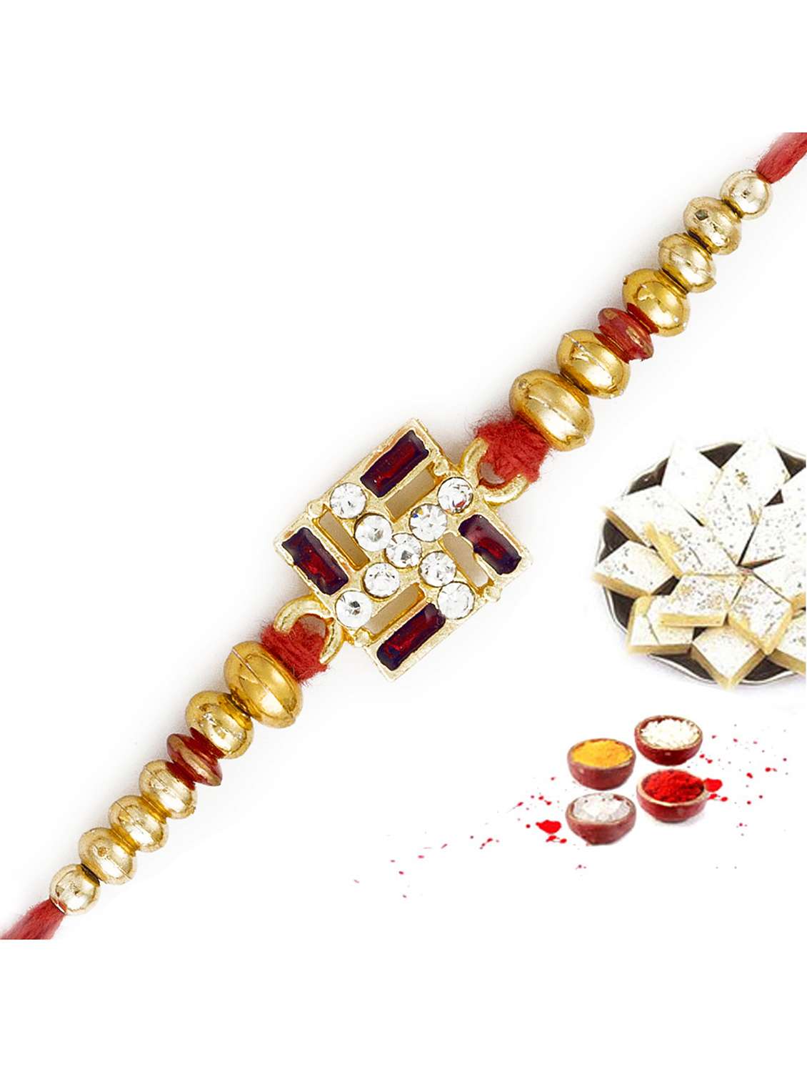 golden beads & cz studded swastik motif divine rakhi