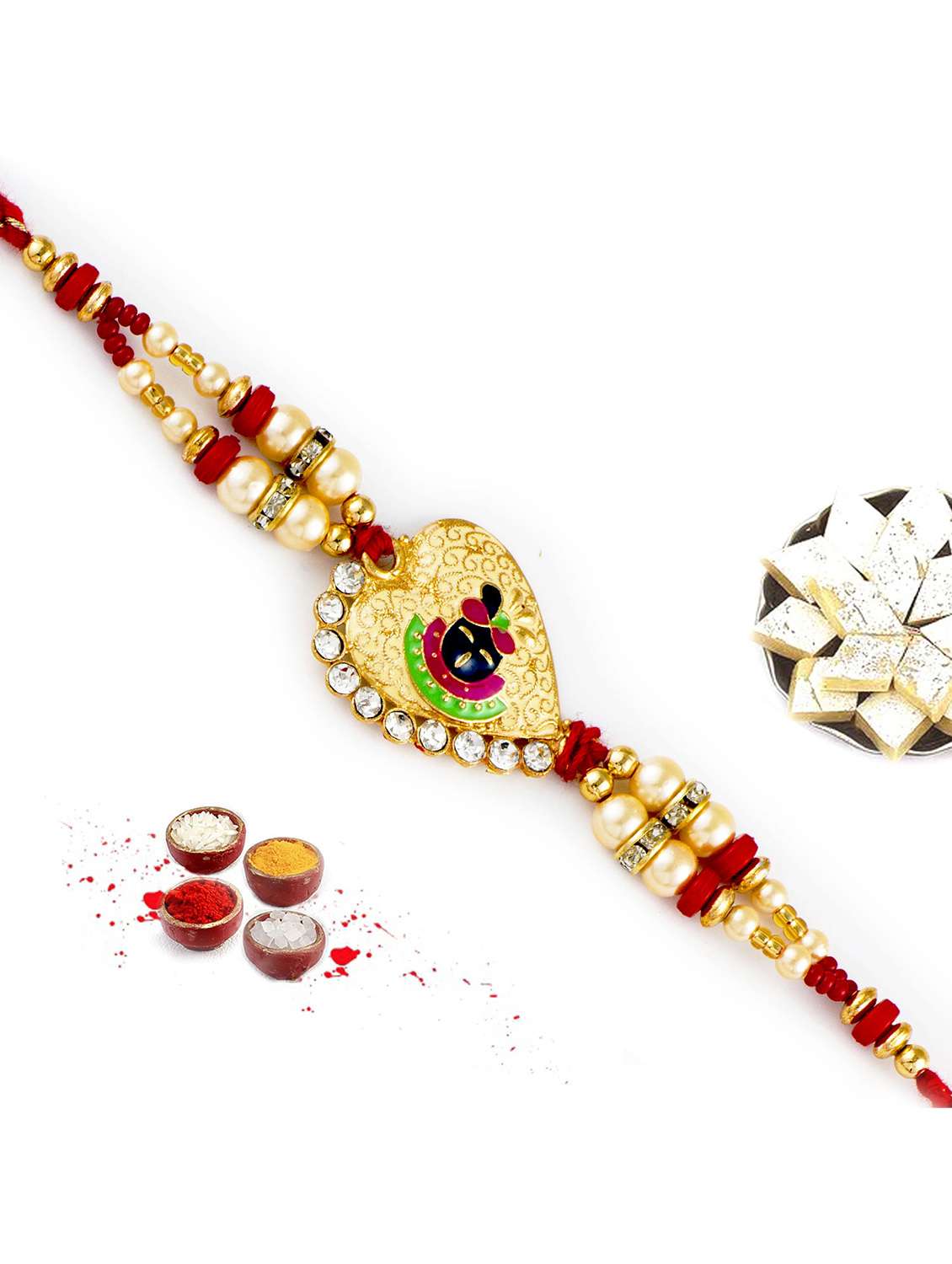 red & gold beads shree ji motif rakhi