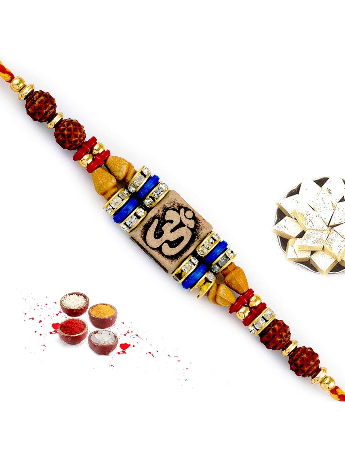 quadra rudraksh studded om motif rakhi