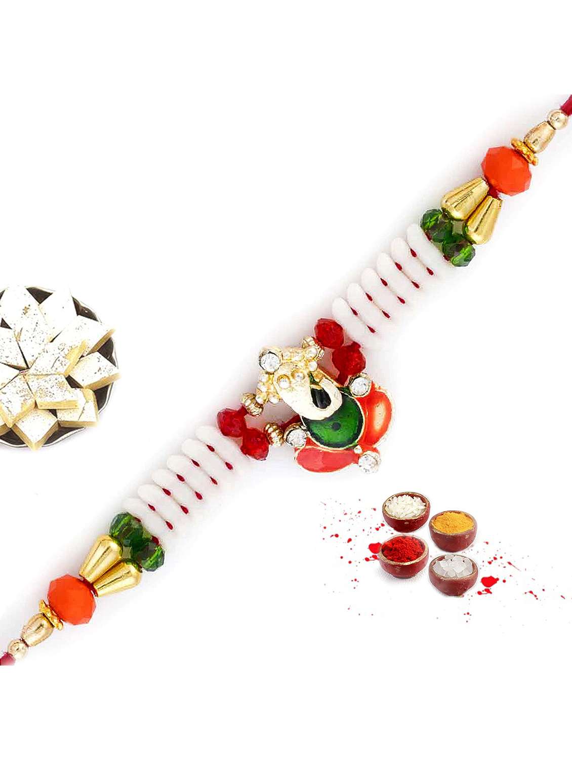 red & green beads ganesh motif beautiful rakhi