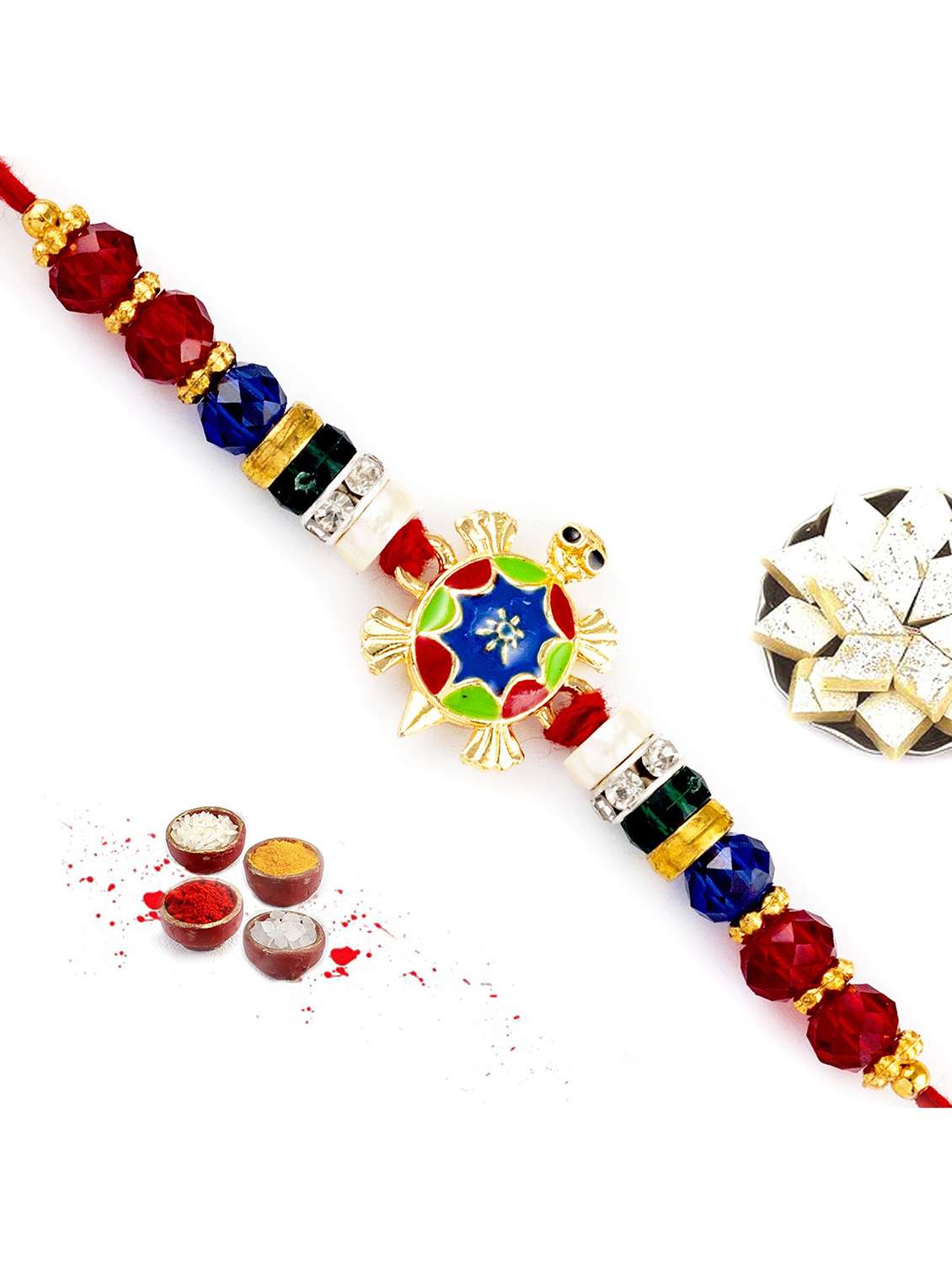 red & blue beads fengshui tortoise rakhi