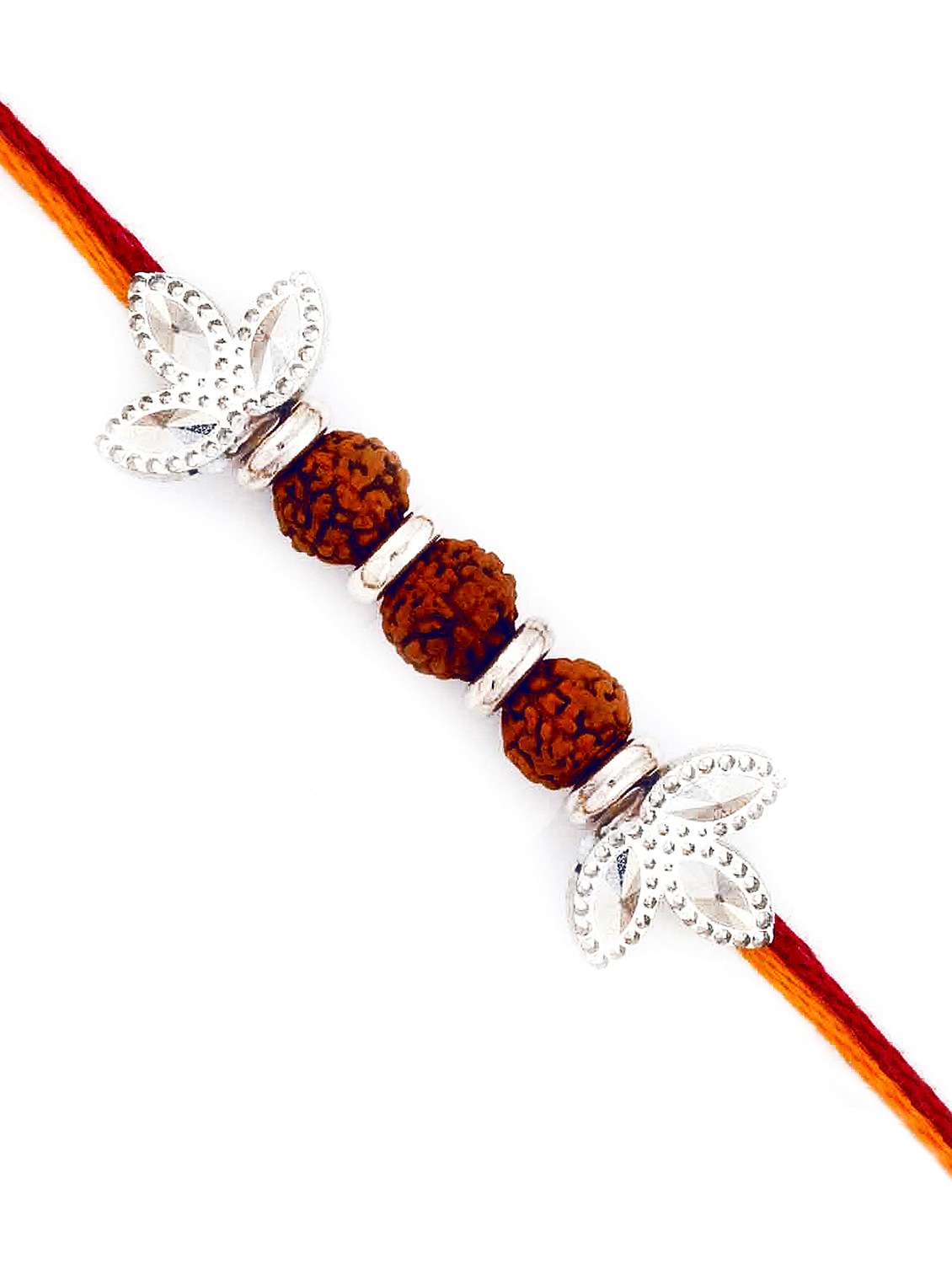 silver floral style rakhi with tri rudraksh